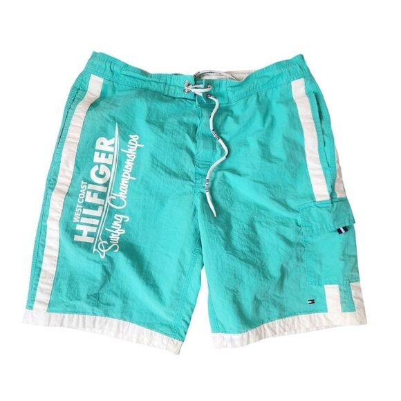 Tommy Hilfiger Swim Trunks Shorts Mens M Vintage Surfing Champion Spellout Blue - Picture 1 of 8
